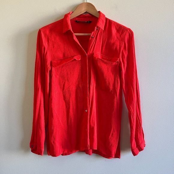 ZARA BRIGHT RED GOLD BUTTON SHIRT POCKET FRONT VISCOSE SILKY SIDE SLIT T… - Picture 3 of 8